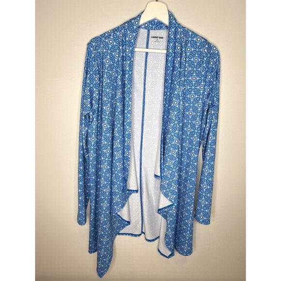 Lands End Top Womens Open Front Stretch Sz M 10 12 Blue Print Cover Up Cardigan - Picture 1 of 11